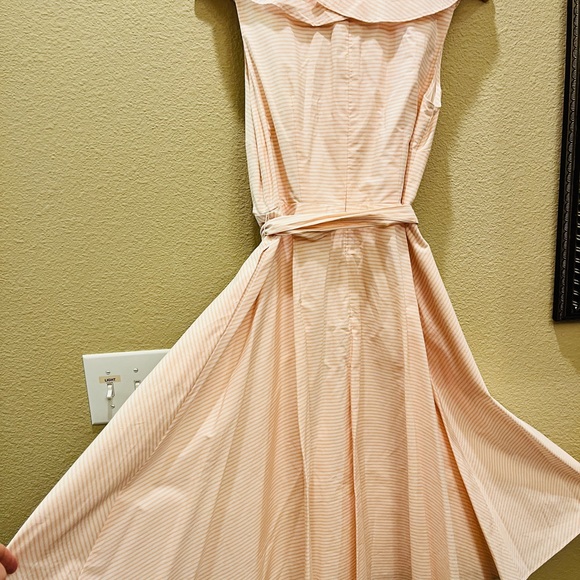 Calvin Klein NWT - Pink/White Striped Ruffle Neck Wrap Dress with Waist Tie - Picture 4 of 5